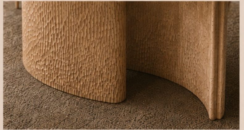 Hand-sculpted texture on the travertine base
