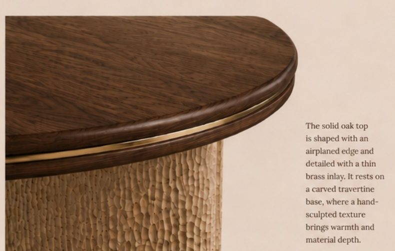 The airplaned oak edge and brass inlay