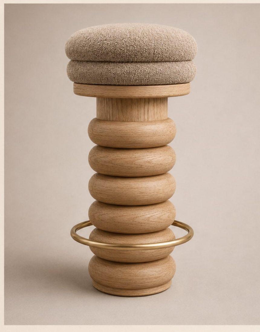 PILEUS, a bar stool in solid oak with a brass footrest
