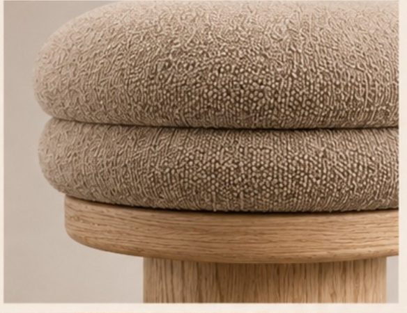Boucl&eacute; upholstery above stacked solid oak
