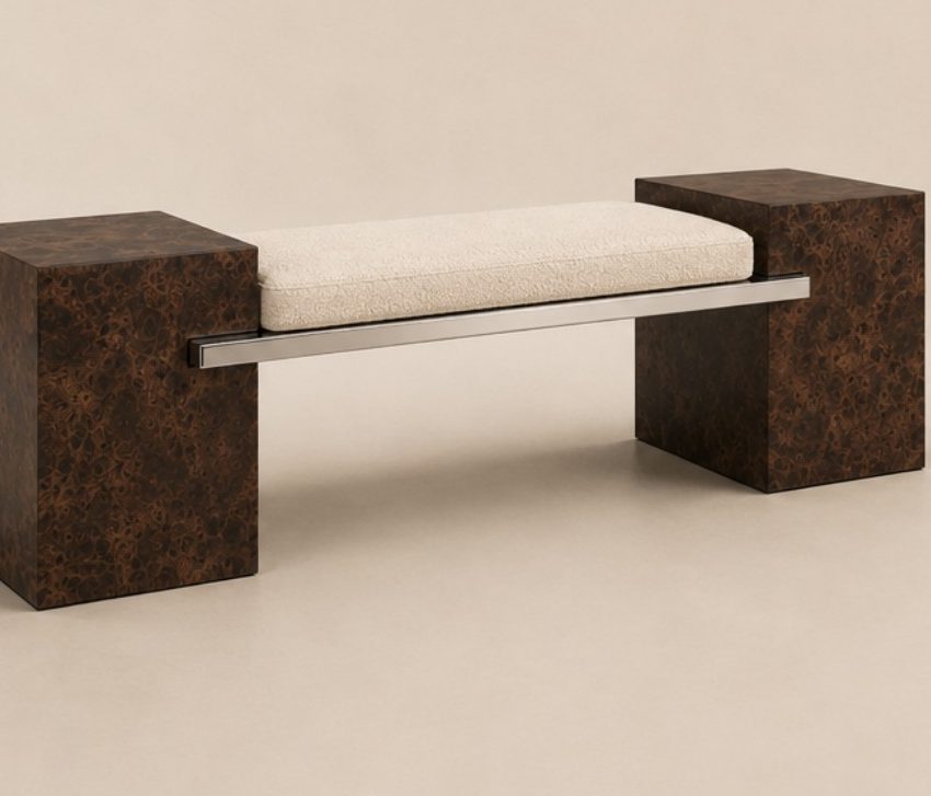 VEYN, a bench in burl wood and polished stainless steel